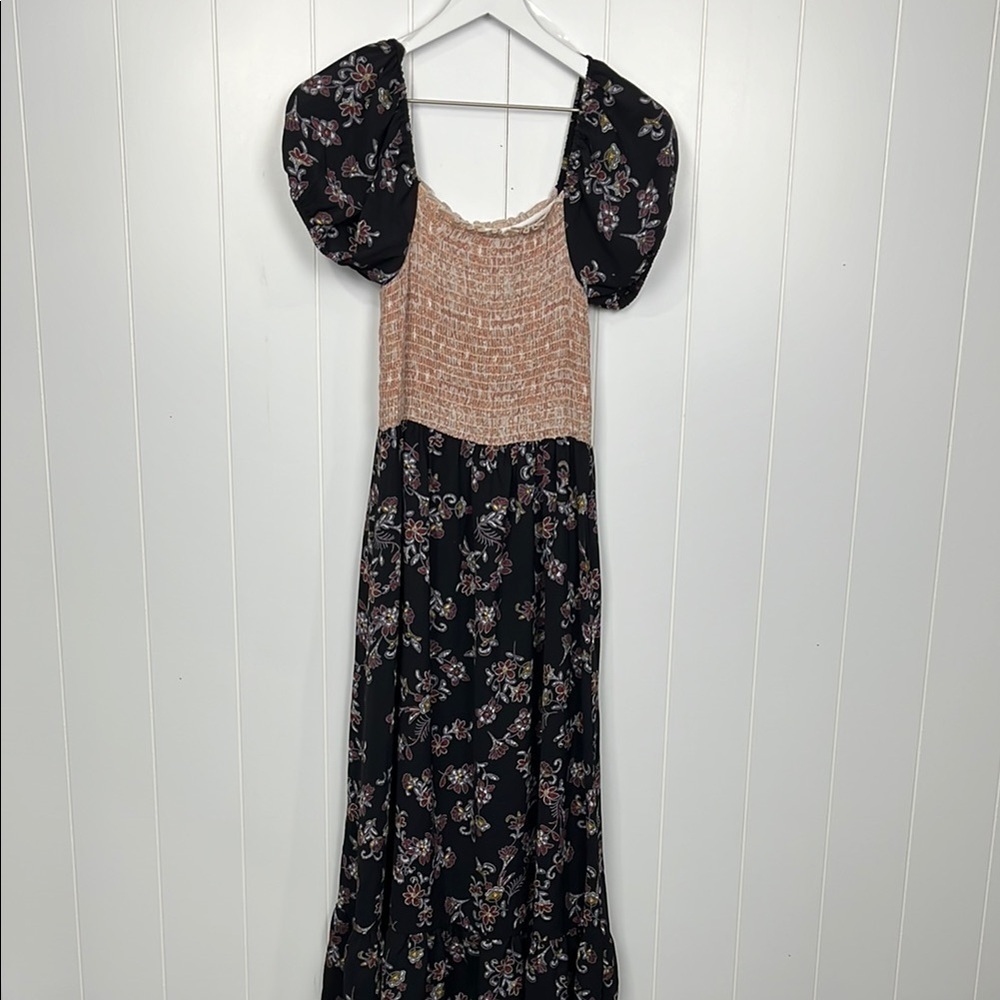 Haptic Holly Harper Womens Midi Dress No Size Tag Burgundy/Black Smocking Floral